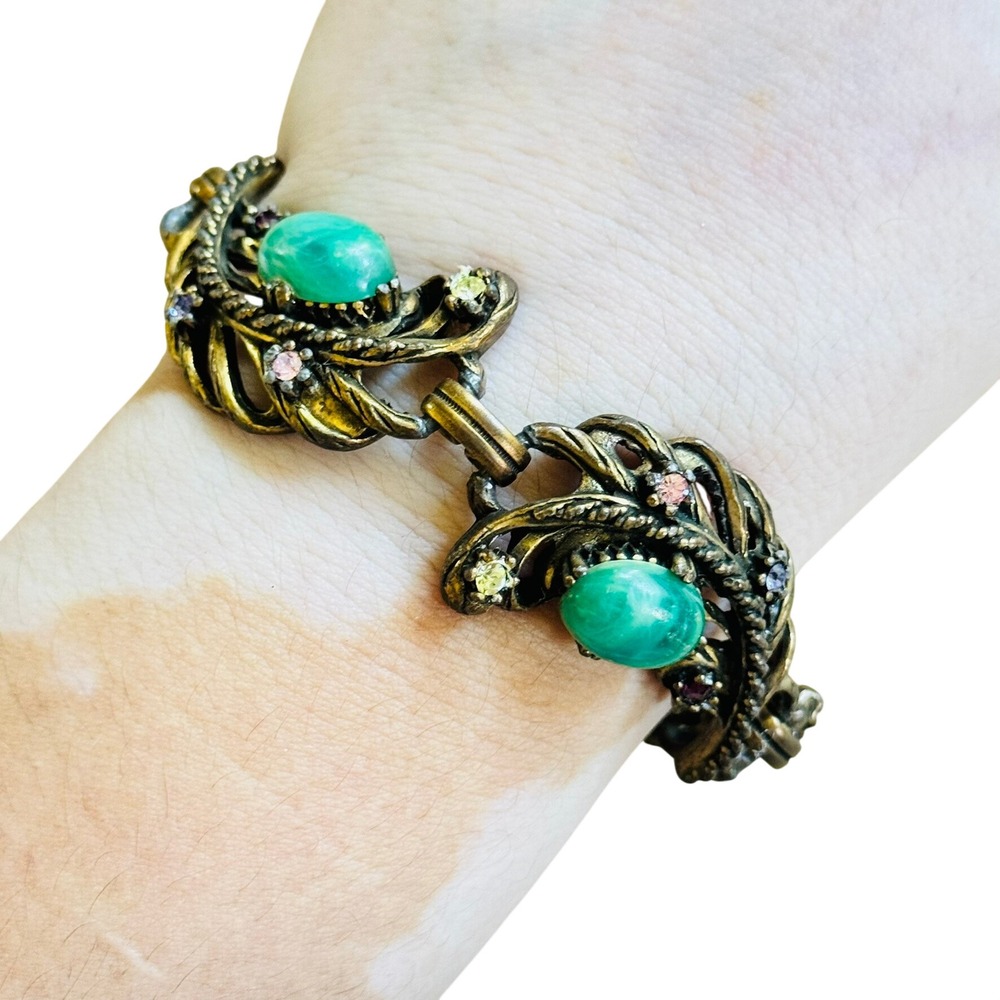 VTG Regal Art Nouveau Scroll Cabochon Bracelet Crystal Rhinestone Antiqued Brass